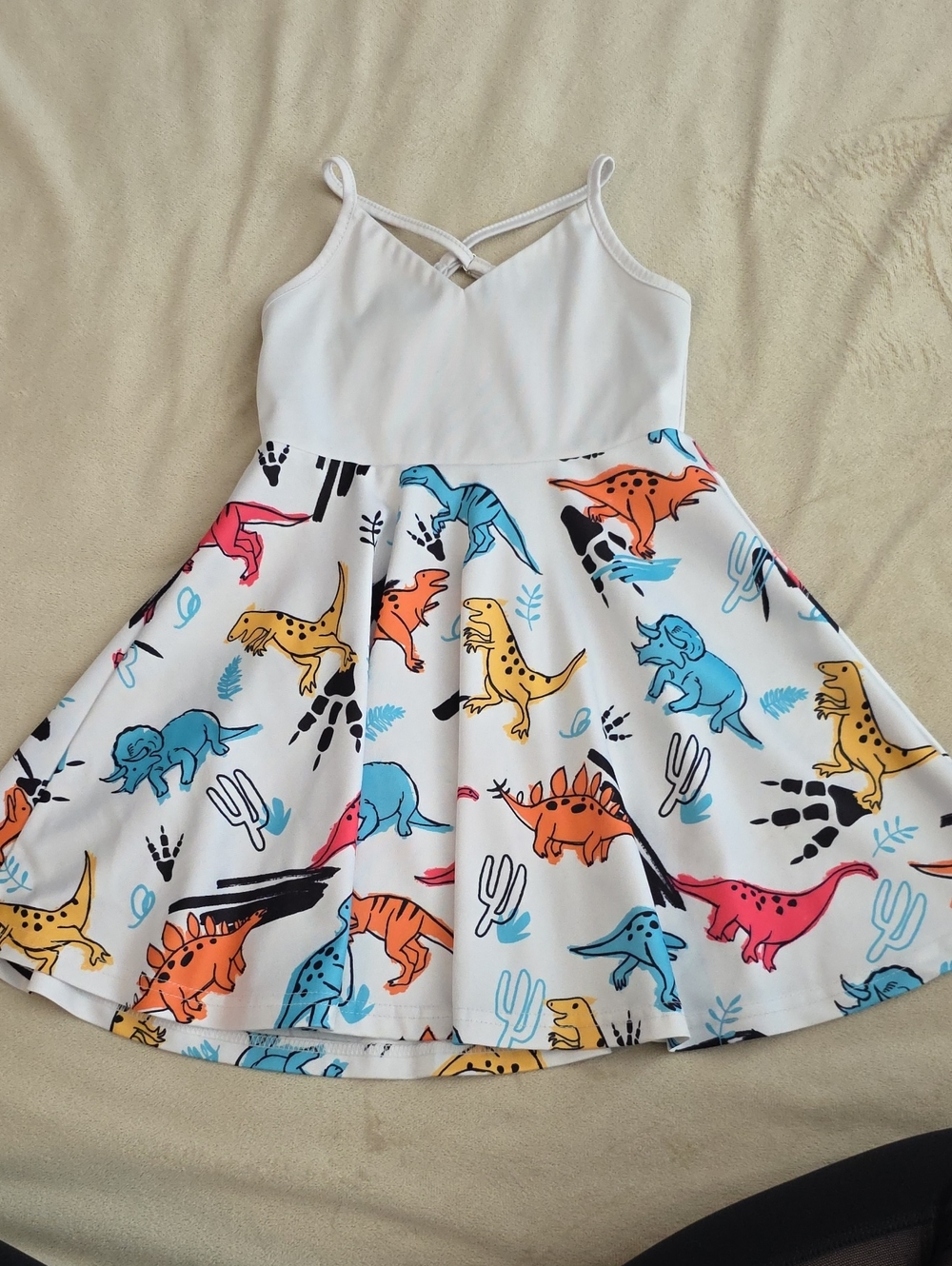 White Kids Dress with Multicolor Dinosaur Print